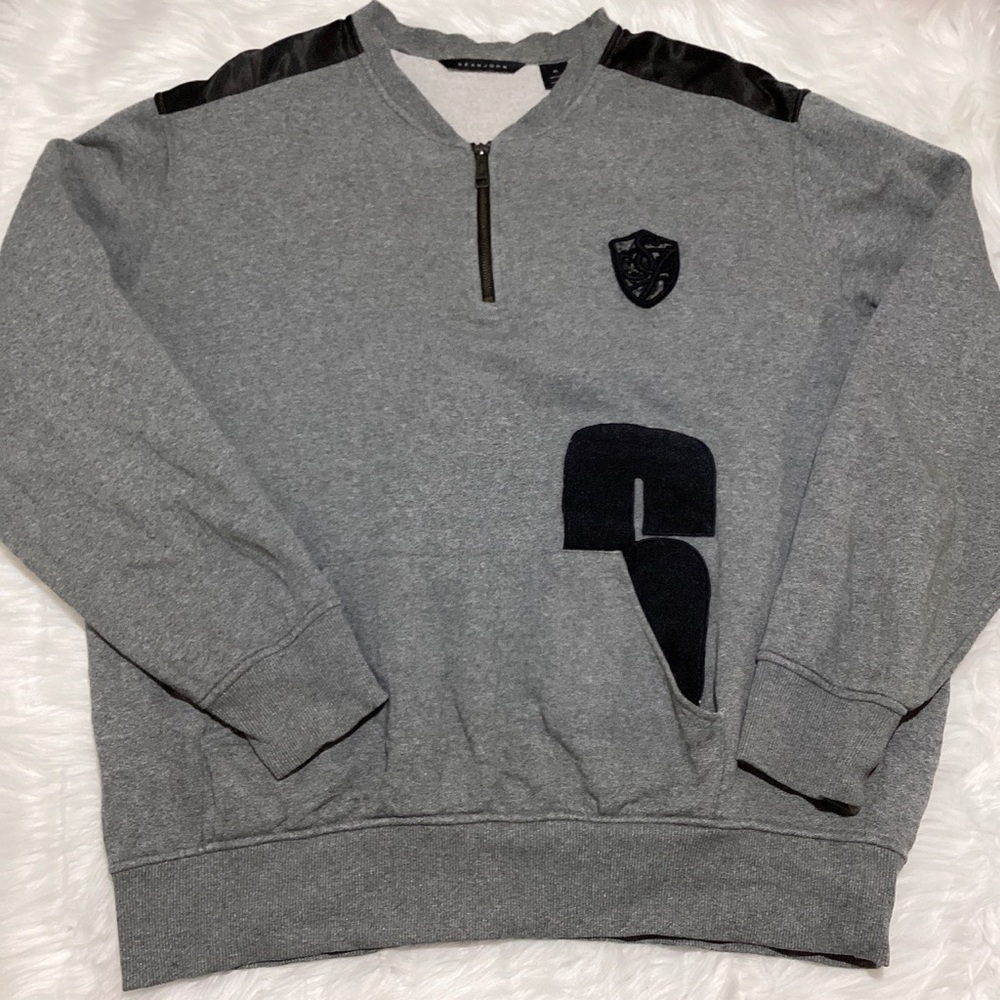 Sean John Men’s Grey Black Shoulder Top Long Sleeve 1/4 Zip Up & No. 6 patch